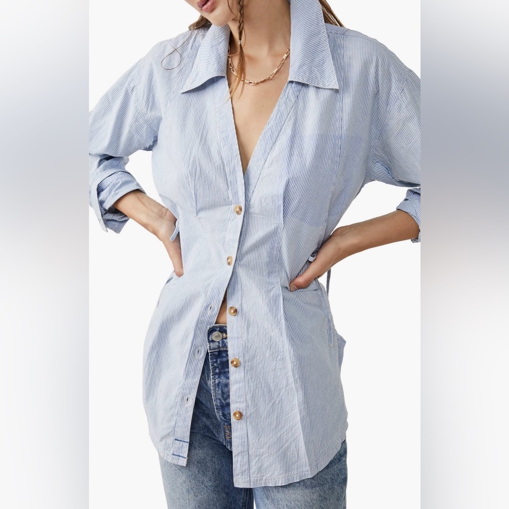 Free People Marten Oxford Striped Tunic Blouse Blue White Cinch Waist S